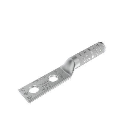 Burndy Cu conductor lng brrl, 2 Hole, #3 AWG, #2 SOL, 600V-35kV, 1/4" stud YA3C2TC14